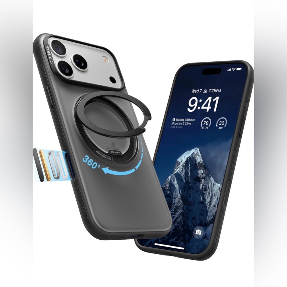 TORRAS 360 Magnetic Stand/Case for iPhone 17 Pro Max Translucent Obsidian Black